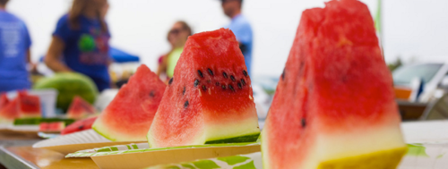 Slices of watermelon arranged on paper plates at an outdoor event, with blurred people in the background.