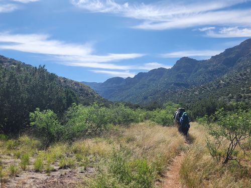 Hikers walking along a trail through a grassy area, surrounded by mountains and blue sky with wispy clouds.