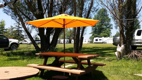 A picnic table with an orange umbrella in a grassy area, surrounded by trees and parked trailers in the background.
