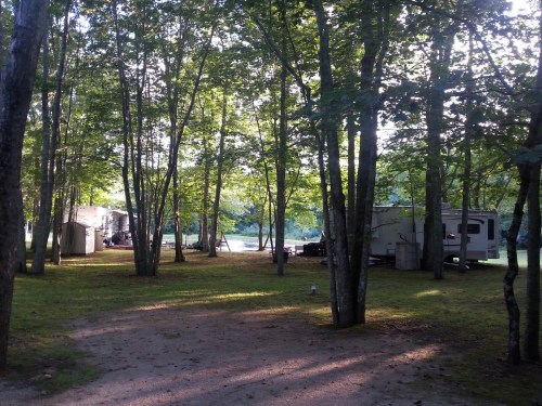 A serene campsite with RVs nestled among trees, overlooking a calm lake in the background.