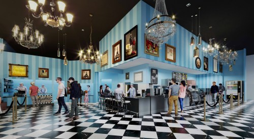 A stylish café interior with blue striped walls, chandeliers, and a checkered floor, featuring customers and art on the walls.