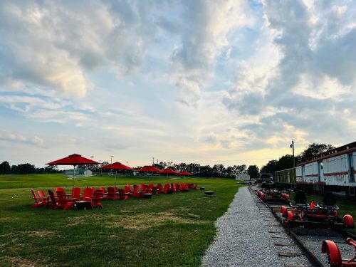 A grassy area with red chairs and umbrellas, a gravel path, and go-karts in the foreground under a cloudy sky.