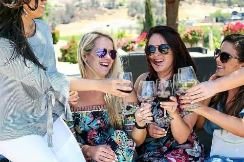 A group of four women in sunglasses cheer with wine glasses, enjoying a sunny day outdoors surrounded by flowers.