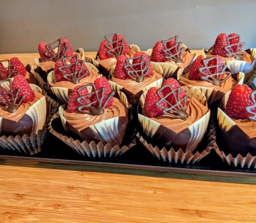 A tray of chocolate desserts topped with raspberries and chocolate decorations, arranged neatly.