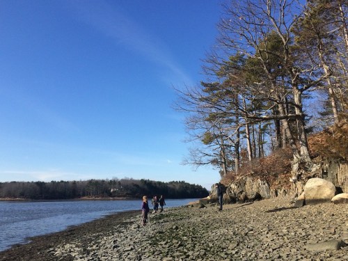 People walking along a rocky shoreline under a clear blue sky, with trees and a calm waterway in the background.