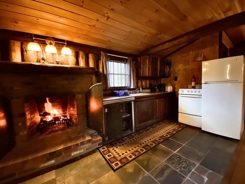 Cozy kitchen with a fireplace, wooden walls, and a white refrigerator, featuring rustic decor and a patterned rug.