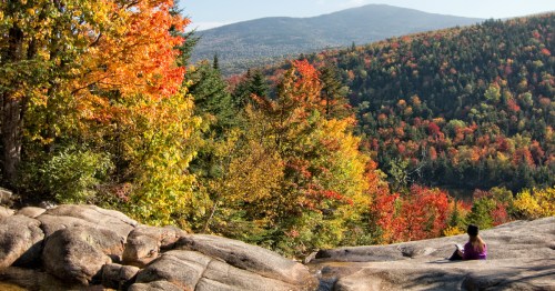 A person sits on a rock, surrounded by vibrant autumn foliage and mountains in the background.