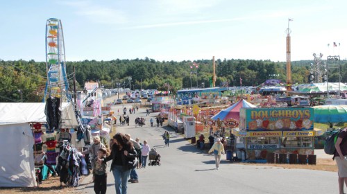 A bustling fairground with colorful booths, a Ferris wheel, and visitors enjoying the festivities on a sunny day.