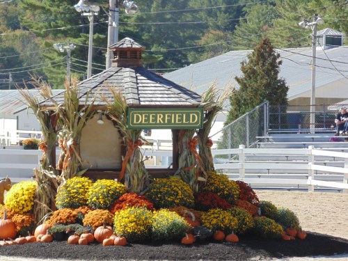 A decorative gazebo surrounded by colorful autumn flowers and pumpkins, with a sign reading "Deerfield."