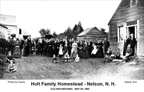 A large group of people gathered outside the Holt Family Homestead in Nelson, NH, for a golden wedding celebration, 1885.