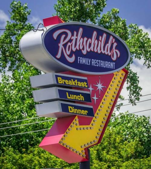 Sign for Rothschild's Family Restaurant featuring options for breakfast, lunch, and dinner, with a colorful retro design.