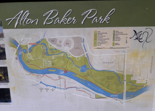 Map of Alton Baker Park, showing trails, waterways, and park features in Eugene, Oregon.