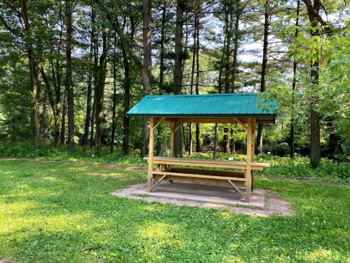 A wooden picnic shelter with a green roof, surrounded by trees and grass in a peaceful outdoor setting.