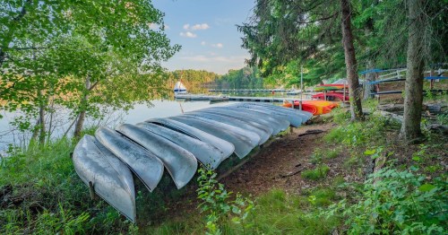 A row of canoes rests on the shore beside a calm lake, surrounded by trees and a distant marina.
