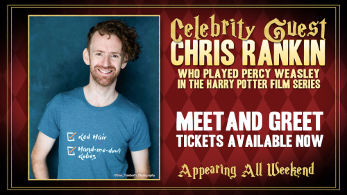 A smiling man with curly hair wearing a blue shirt promotes a meet and greet event featuring Chris Rankin, actor from Harry Potter.