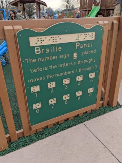 A green Braille panel explaining the number sign and displaying numbers 1 through 0 with corresponding Braille.