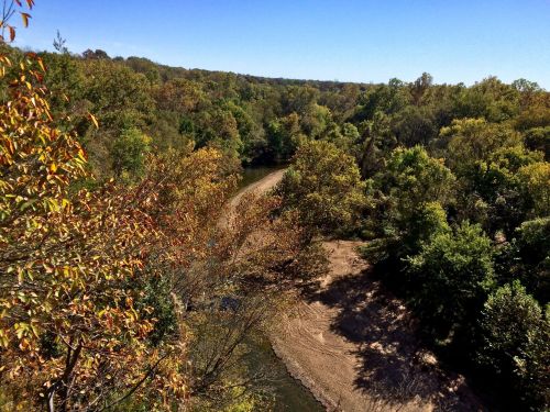 A scenic view of a winding river surrounded by lush green trees and autumn foliage under a clear blue sky.
