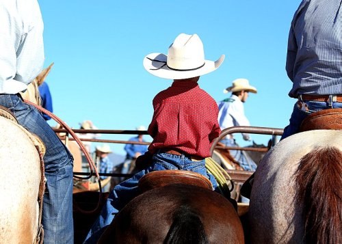 A young cowboy in a white hat sits on a horse, surrounded by other riders in a sunny outdoor setting.
