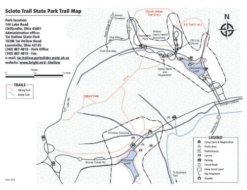 Map of Scioto Trail State Park, showing trails, park location, and contact information for visitors.