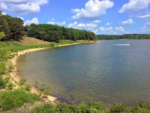 A serene lake scene with a sandy shore, green trees, and people swimming under a blue sky with fluffy clouds.