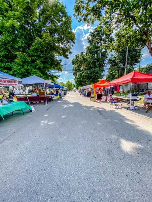 A vibrant street market with colorful tents on either side, surrounded by lush trees and a bright blue sky.