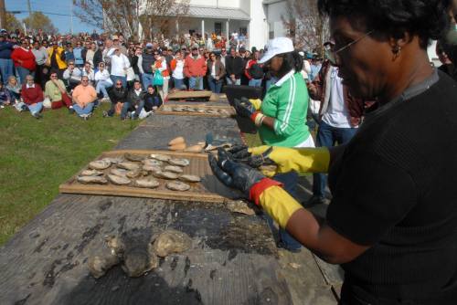 A crowd watches as two women shuck oysters at a table during an outdoor event.
