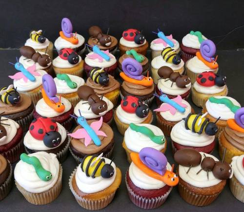 A colorful assortment of cupcakes topped with playful insect and snail decorations made from fondant.