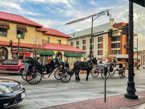 Horse-drawn carriages on a city street, with buildings and shops in the background under a cloudy sky.