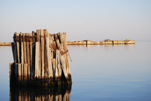 A weathered wooden pier post stands in calm water, reflecting the serene landscape and distant structures on the horizon.