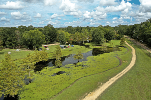 Aerial view of a lush green landscape with a pond, tents, and a dirt path surrounded by trees and blue skies.