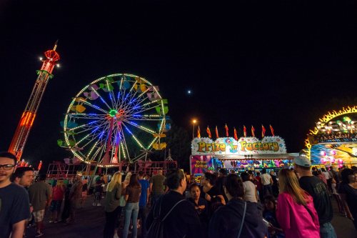A vibrant night scene at a fair, featuring a Ferris wheel, colorful lights, and crowds enjoying various attractions.