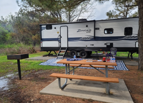 A parked RV at a campsite with a picnic table, grill, and outdoor rug surrounded by trees.