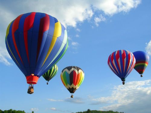 Colorful hot air balloons floating in a clear blue sky with fluffy clouds.