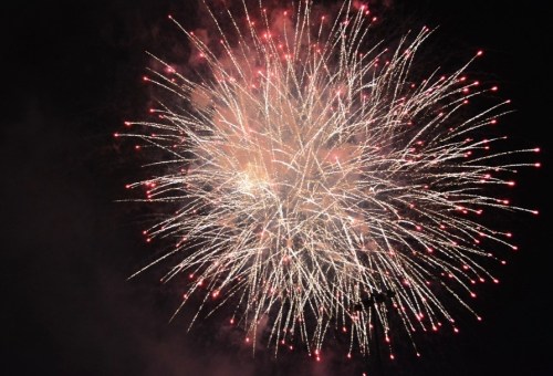 Colorful fireworks explode in the night sky, creating a vibrant display of light and sparks.