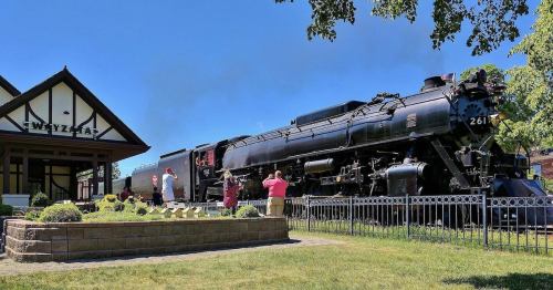 A vintage steam train at a station, with people taking photos and greenery in the foreground under a clear blue sky.