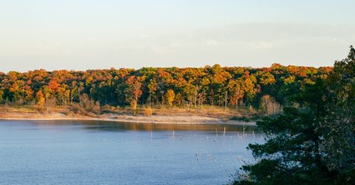 A serene lake surrounded by trees displaying vibrant autumn colors under a clear sky.
