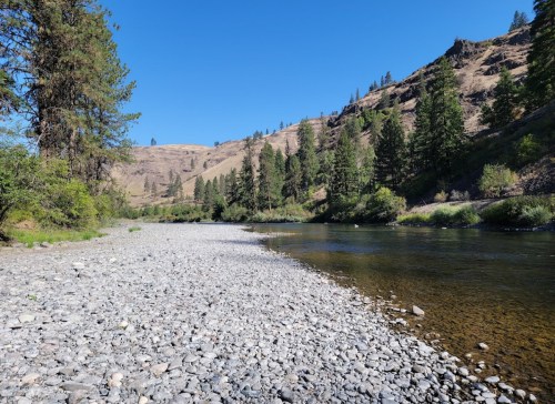 A serene riverbank with smooth stones, surrounded by trees and hills under a clear blue sky.