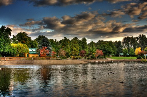 A serene park scene with a lake, colorful trees, and a cloudy sky reflecting on the water's surface.