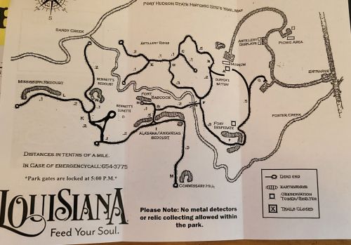 Map of Port Hudson State Historic Site, showing trails, distances, and park rules. No metal detectors or relic collecting allowed.