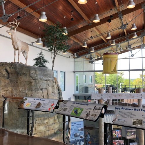 A deer statue on a rock formation inside a modern building with large windows and informational displays.