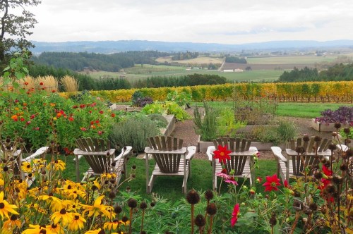 A scenic view of a garden with colorful flowers and chairs overlooking rolling hills and vineyards under a cloudy sky.