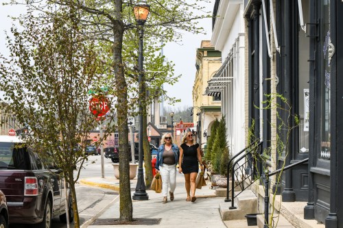 Two women walk along a tree-lined street, passing shops and a stop sign in a quaint town setting.