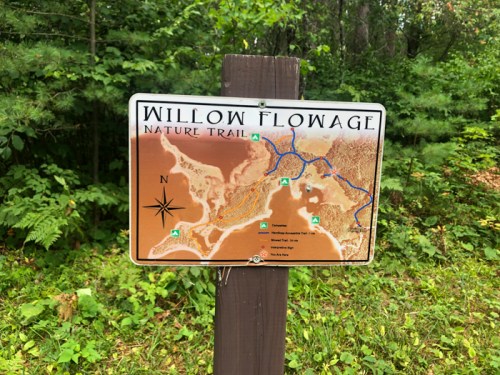 Sign for Willow Flowage Nature Trail, featuring a map with trails, landmarks, and a compass rose in a wooded area.