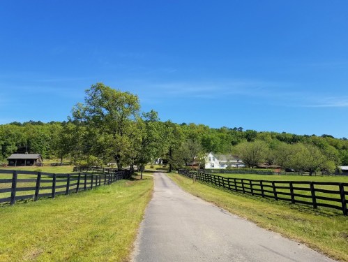 A scenic country road lined with black fences, leading to a white house surrounded by green trees and hills under a blue sky.