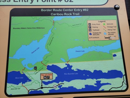 Map of Border Route Center Entry #82, showing Caribou Rock Trail, lakes, and nearby entry points in the Boundary Waters area.
