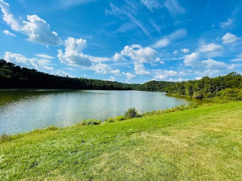 A serene lake surrounded by lush greenery and hills, under a bright blue sky with fluffy white clouds.