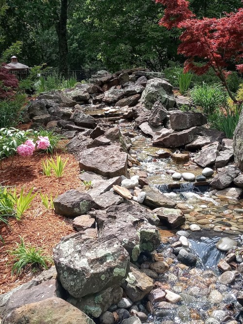A serene garden scene featuring a rocky stream, lush greenery, and colorful flowers along the water's edge.
