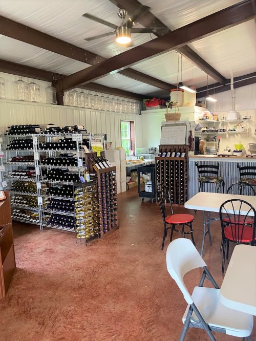 Interior of a wine tasting room with shelves of wine bottles, tables, and a kitchen area in a rustic setting.