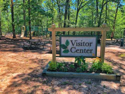 Sign for a Visitor Center in a wooded area, with picnic tables and a playground visible in the background.