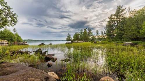 A serene lake scene with lush green grass, rocky shores, and a cloudy sky reflecting on the water's surface.